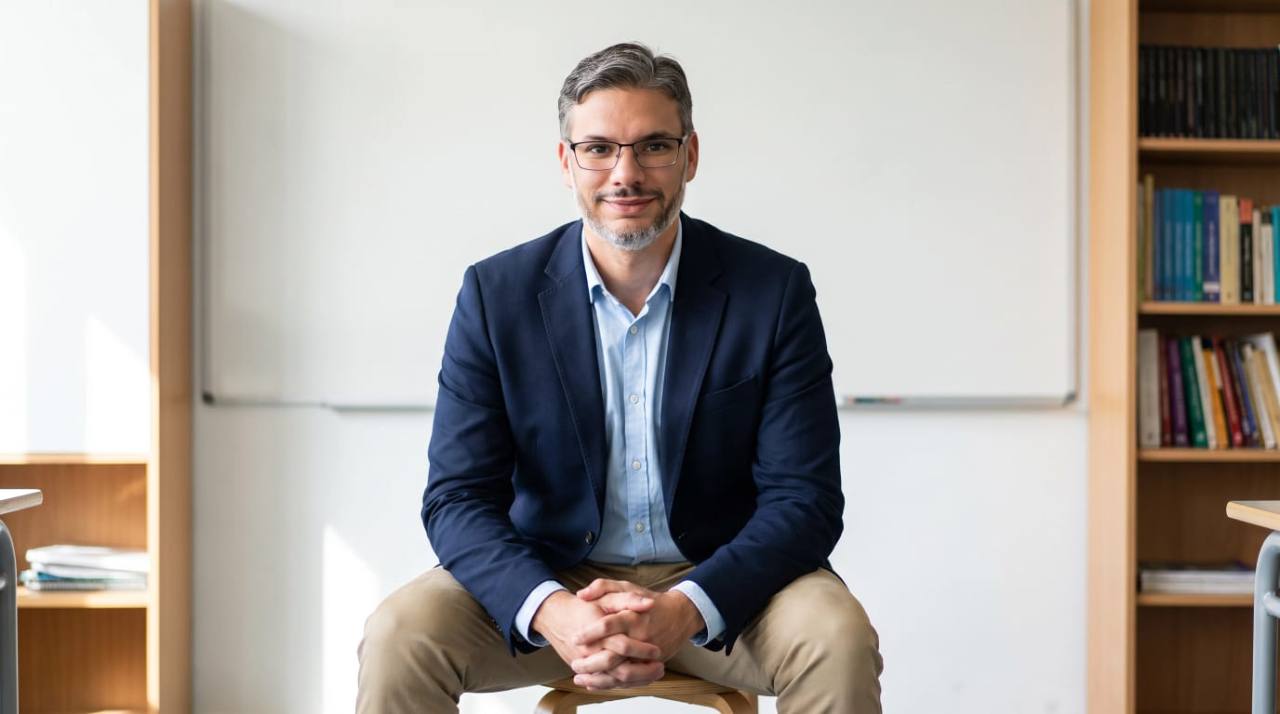 J. P. Rojas, escritor y divulgador literario, sentado junto a una biblioteca